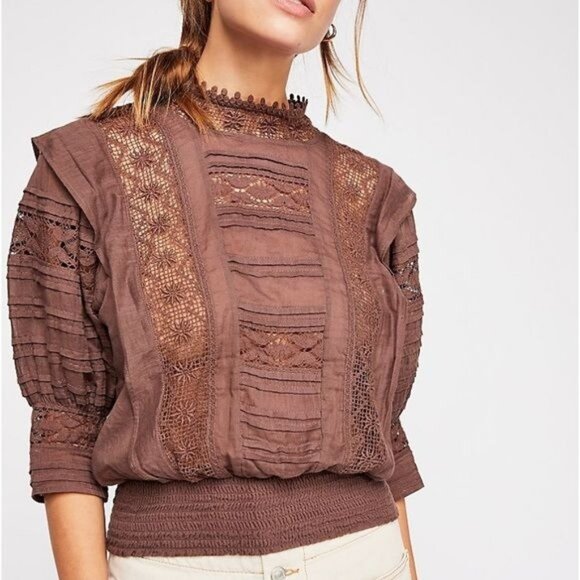 Free People Tops - Free People One Sydney Blouse Semi-Sheer Crochet Accents Smocked Waist Sz S Moch